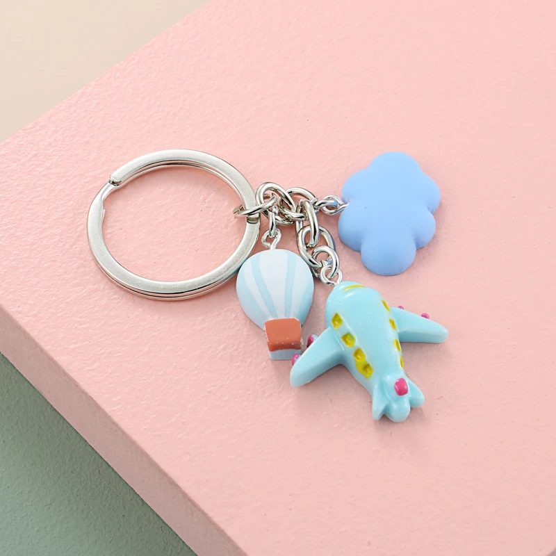 Lovely Aviation Keychain Resin Key Ring Rainbow Airplane Cloud Hot Air Balloon Key Chain Girl Teens Gifts DIY Jewelry Handmade