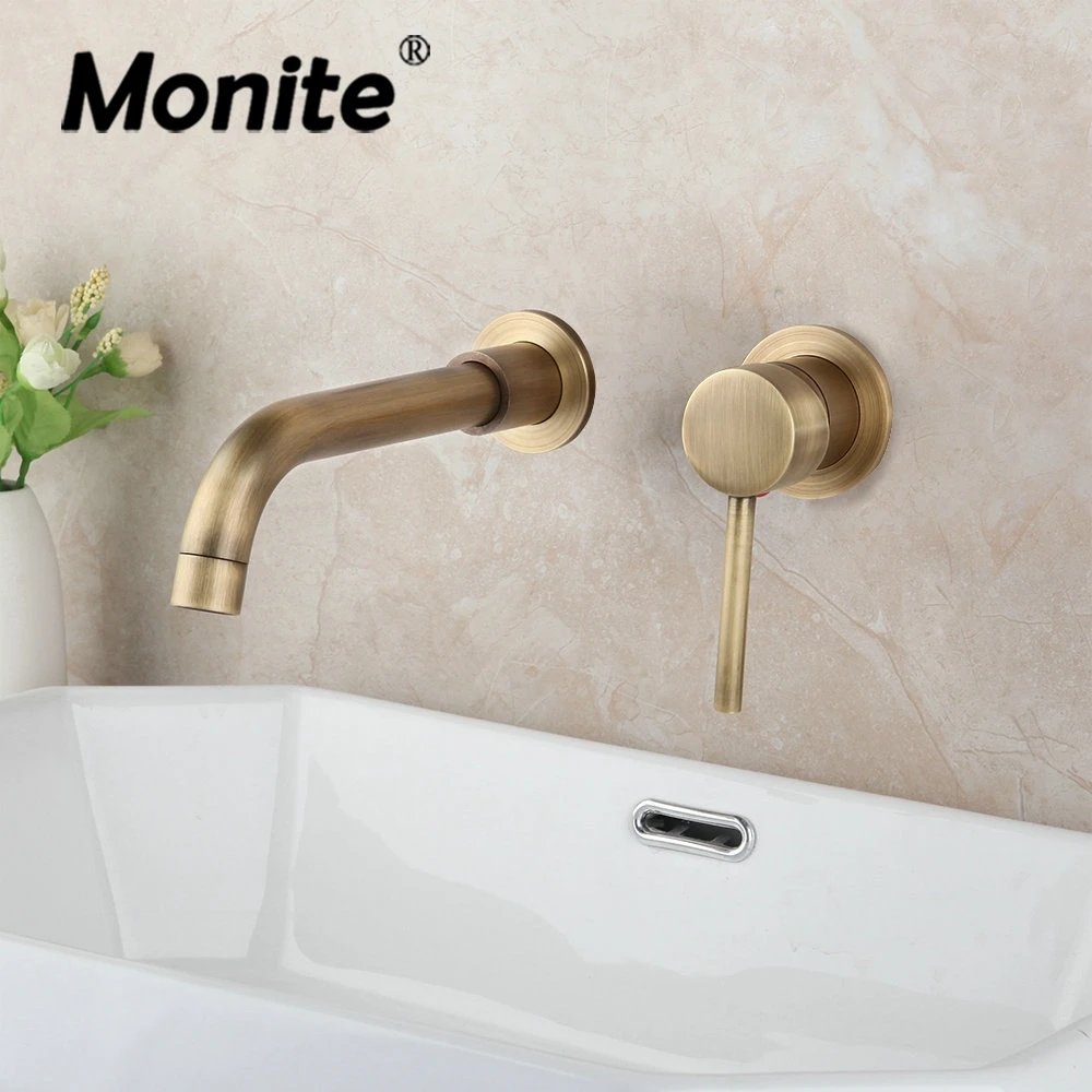 

Monite Antique Brass Bathroom Faucet Joint Pipe Wall Mounted Bathtub Shower Faucet Solid Brass Mixer Tap 1 Handle Control