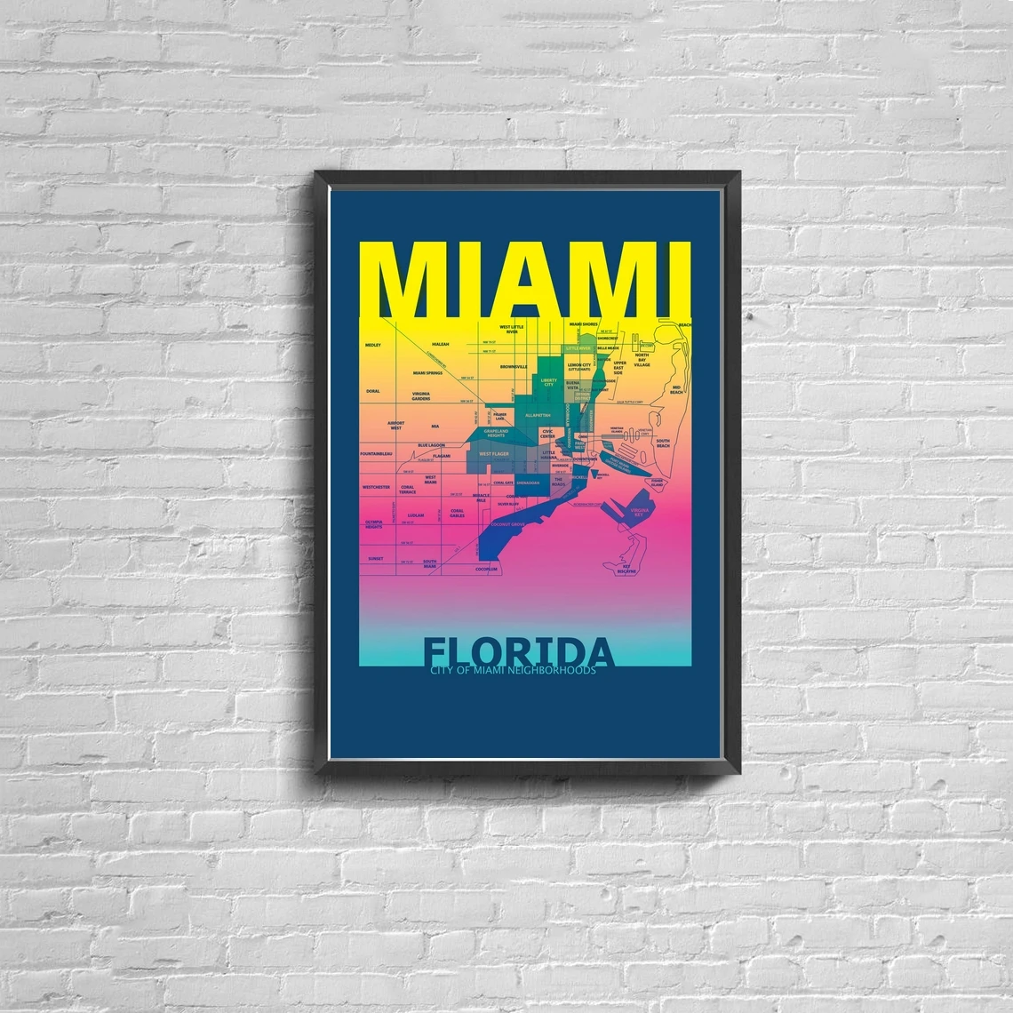 Miami Florida Neighborhood Map Poster Canvas Poster Print Home Wall Painting Decoration (No Frame)