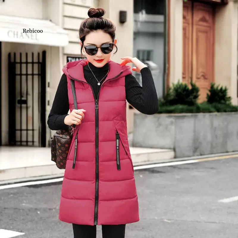 New Autumn Winter Mid-length Down Cotton Women's Vest Coat Solid Color Zipper Hooded Casual Waistcoat Ladies Vest Jacket