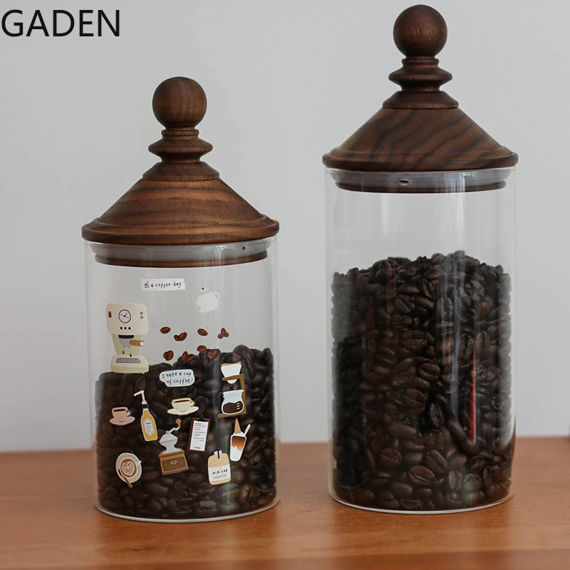 Japanese Coffee Bean Glass Storage Jar Wooden Lid Sealed Storage Jar Grain Dispenser Kitchen Supplies Home Decoration Modern