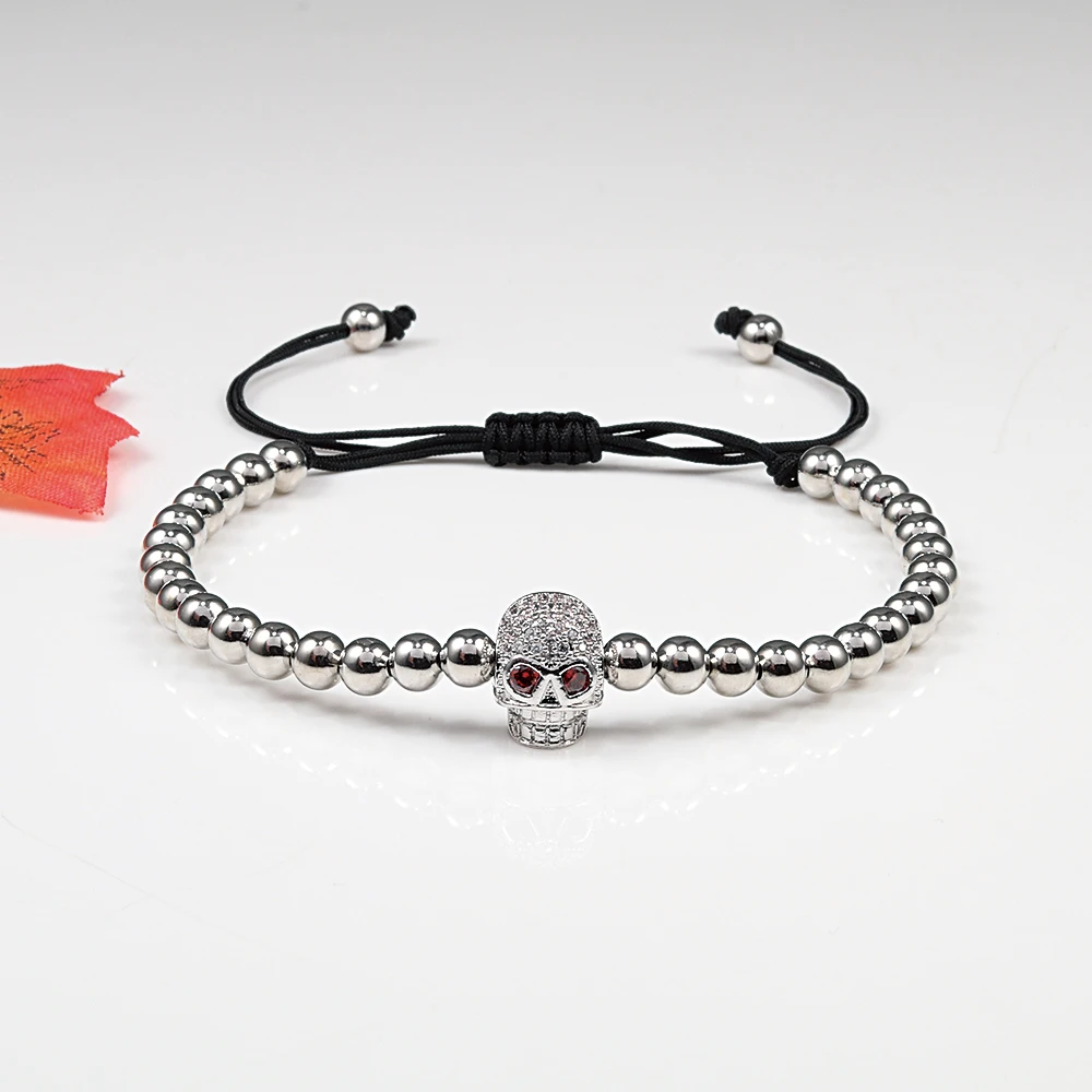 Charm 5mm Copper Beads Bracelets Handmade Pave CZ Skeleton Crystal Adjustable Bracelets Women Men Skull Head Punk Wrist Jewelry