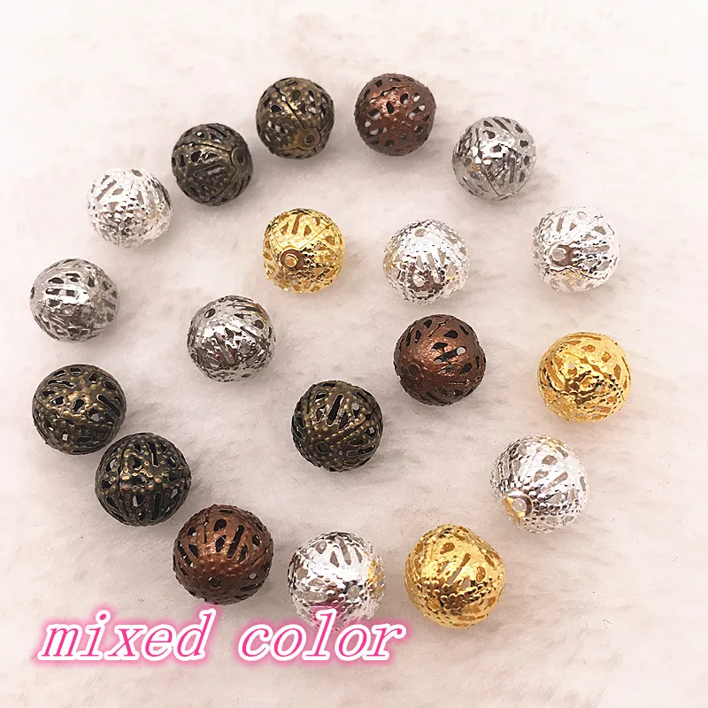 150-30pcs 4/6/8/10mm Hollow Ball Flower Beads Metal Charms Silver Plated Filigree Spacer Beads For Jewelry Making