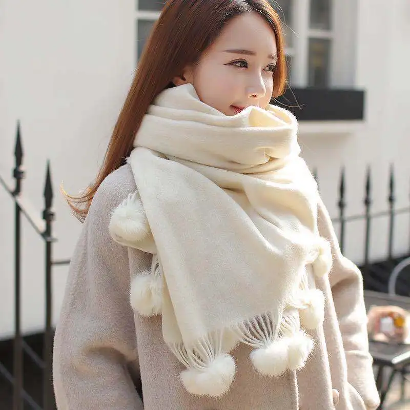 Winter Warm Cashmere Pom Scarf Solid Women Scarf With Rabbit Fur Ball Pashmina Thick Scarves Shawls Wrap Lady Oversize Blanket