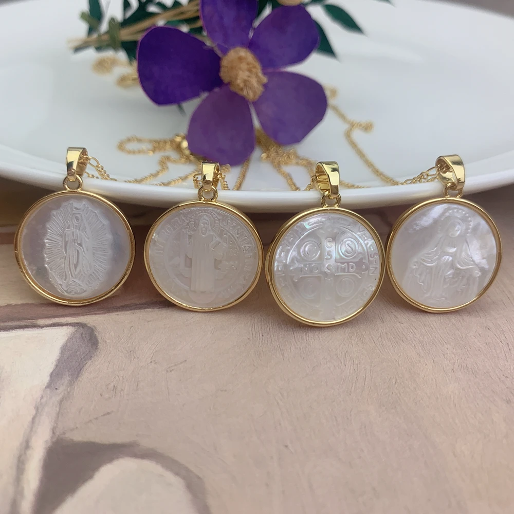 Sacred Holy Bible Cross Saint Benedict Virgin Mary Guadalupe Choker Necklace For Women MOP Pearl Shell Religious Pendant Jewelry