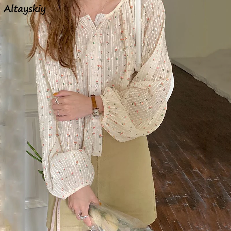 Damskie bluzki kwiatowe pojedyncze piersi O-neck szyfonowa Patchwork słodki przetargu elegancki rękaw kloszowy Ulzzang wróżka Retro koszule nowe