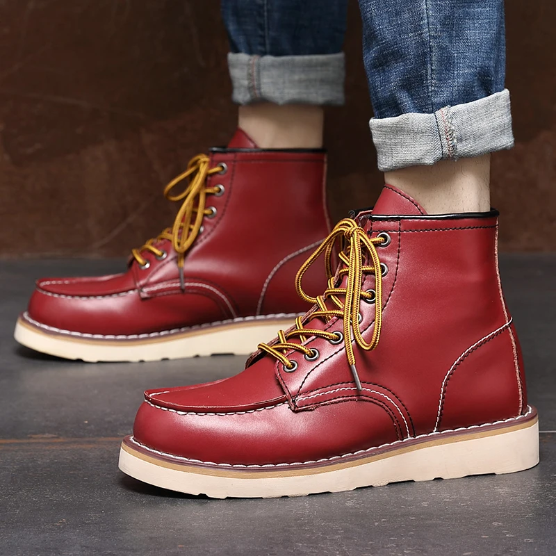 Yomior 2021 New Vintage Casual Men Shoes Handmade Wings Ankle Boots Autumn Winter Round Toe Red Motorcycle Boots Cow Leather