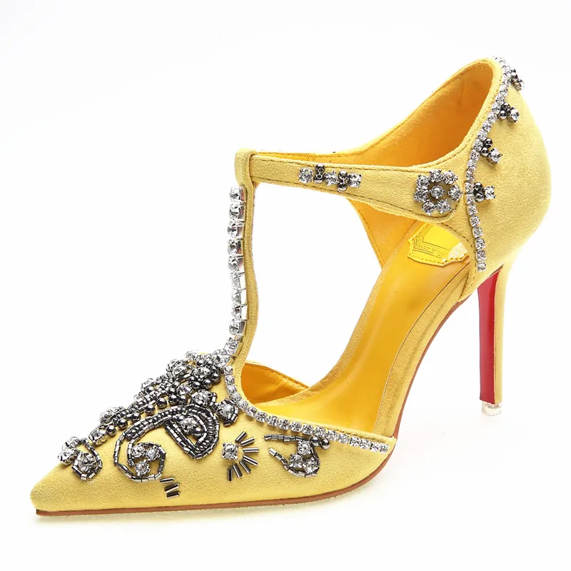 

Luxury palace style diamonds beading woman party shoes T strap high heel wedding pumps dress shoes yellow black blue color