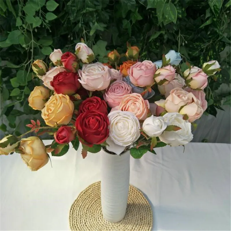 10Pcs Silk Rose Flower Branches Simulation three heads/piece Romantic Roses for Wedding Home Decorative Artificial Flowers