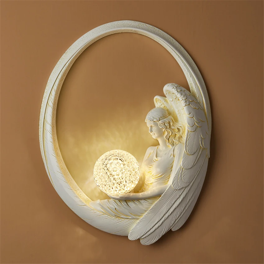 

Retro Angel Crystal Wall Lamp Modern Living Room Background Decoration Fixture Bedroom Bedside Corridor Aisle Art LED Wall Light