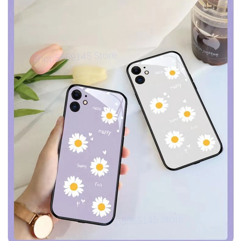 Incoming Light Flash Back Shell Case For iPhone 12 Mini 11 Pro 7 7 8 Plus X XS Max SE Tempered Glass Purple Daisy Flower Cover