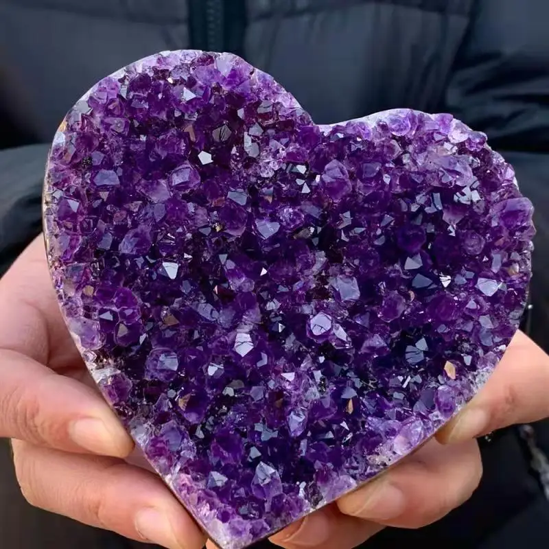 Natural Purple Crystal Cluster Heart-Shaped Energy Gem Home Office Decoration Mineral Degaussing Spiritual Healing