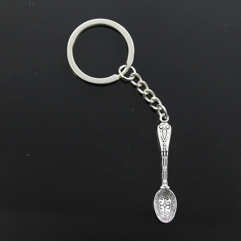 New Fashion Men 30mm Keychain DIY Metal Holder Chain Vintage Pattern Spoon 48x10mm Silver Color Pendant Gift