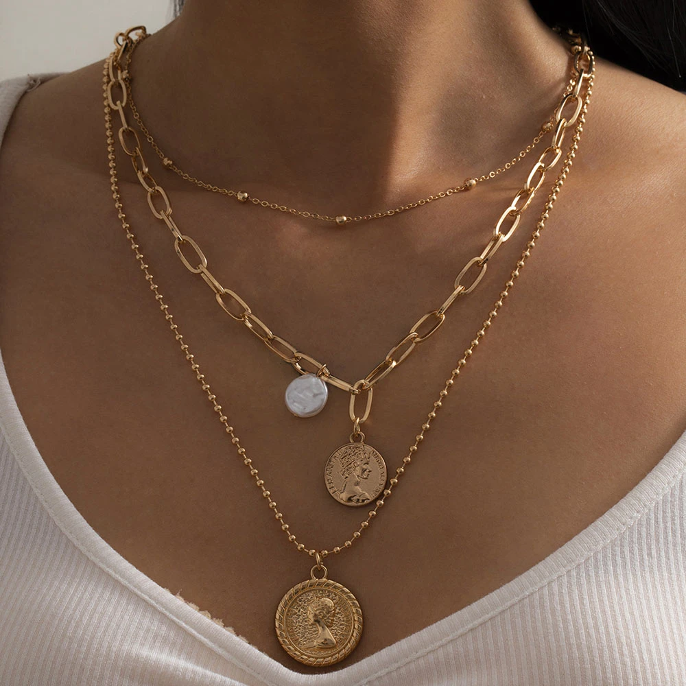 Fashion Multilevel Faux Pearl Human Head Coin Pendant Collar Necklace For Women Female Gold-plate Bead Chain Jewely Gift