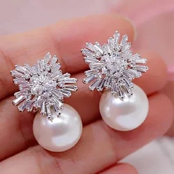 Fashion Snowflake Crystal White Pearl Earrings Simple Charm Stud Earrings Fastidiousness Women's Jewelry  серьги 2022 тренд нов