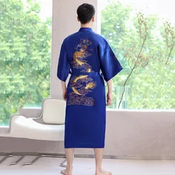 Navy Blue Embroidery Dragon Robe Nightgown Men Kimono Bathrobe Gown Satin Silk Sleepwear Nightwear  Loose Casual Home Clothes