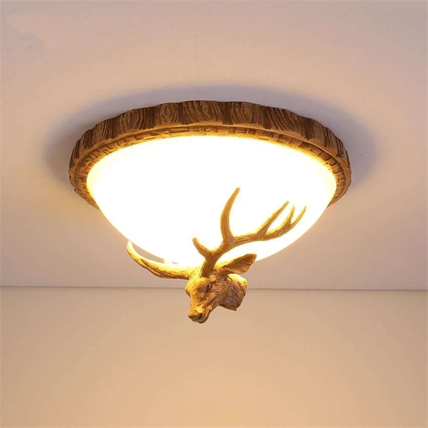 American Retro Deer Head Ceiling Lamps Nordic Art Aisle Balcony Corridor Bedroom Living Room Study Villa Antler Ceiling Lights