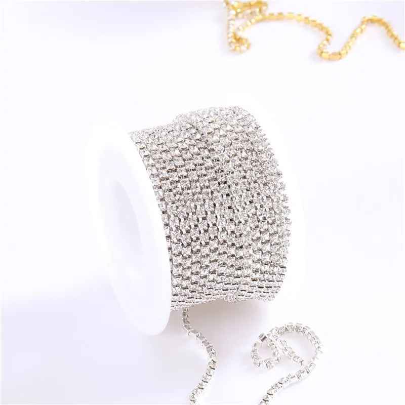 New 2mm-4mm Glass Rhinestone Chain with Silver Base Crystal Faltback Sewing Accessories for Garment Bags decorations