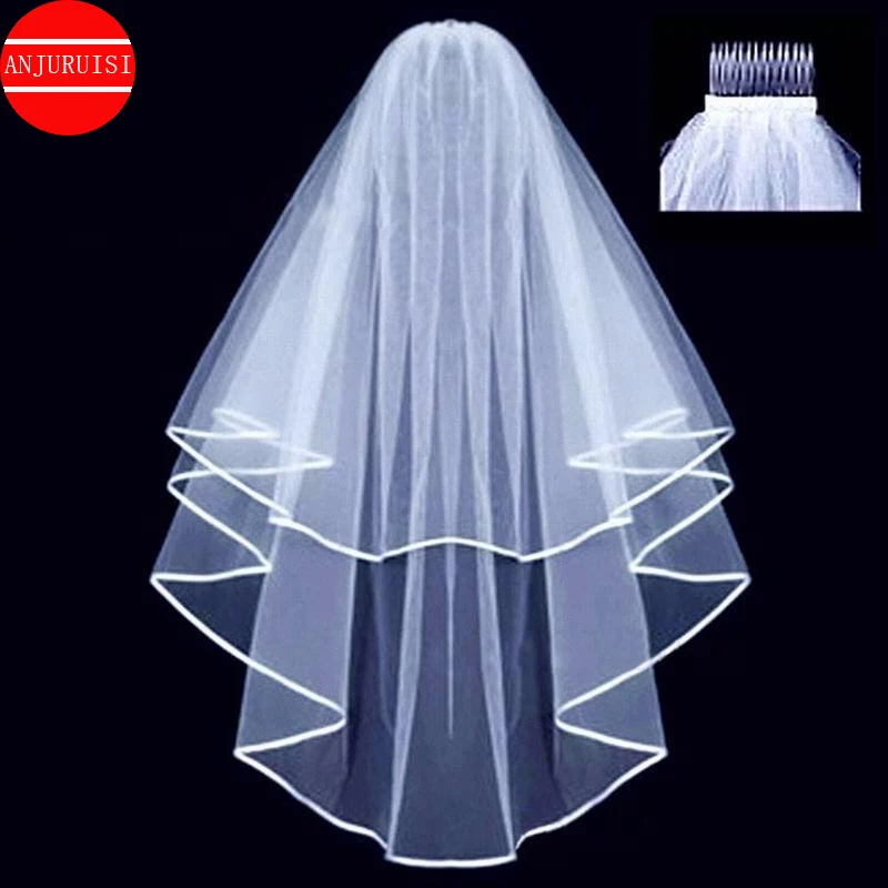 Two Layer Short Wedding Veil Simple Edge Cheap WhiteTulle Bride Velo With Comb Wedding Accessories Boda Velo de Novia 2020