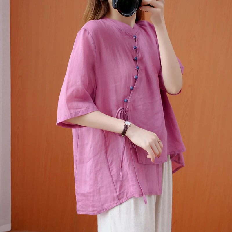 Summer retro standing collar female shirts color buttons irregular top chinese style blouse