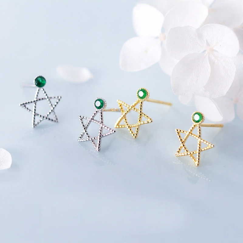 MloveAcc 2019 New 925 Sterling Silver Earring Fashion Star Green CZ Stone Stud Earrings Gift for School Girls Kids