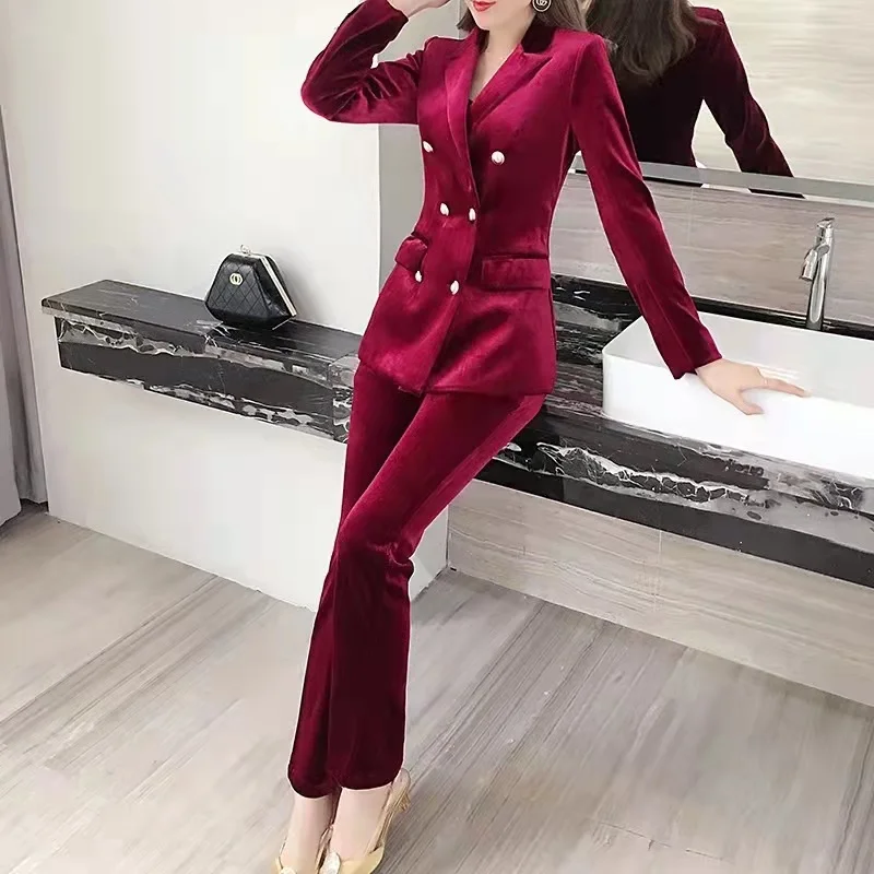 Winter Red Gold Velvet Suit 2023 New High-end Suit Fashion Slim Two-piece Women\'s Office Suit