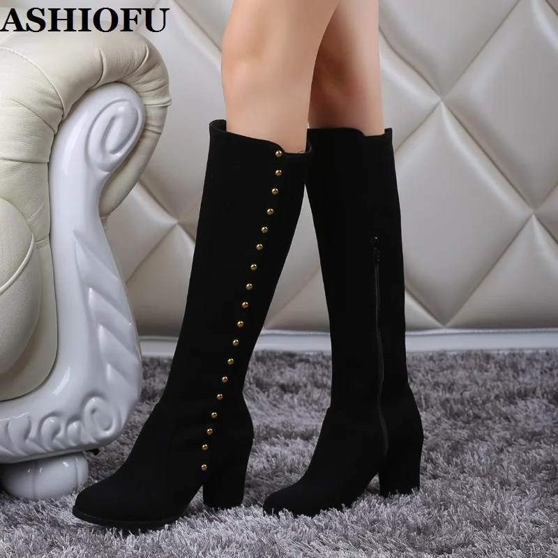 ASHIOFU MLL-722 Handmade Women's Knee High Boots Rivets Spikes Party Prom Chunky Boots Evening Winter Fashion Club Fashion Boots