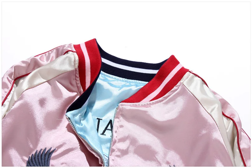 Double Sided Satin Baseball Jacket Women Sukajan Jacket Female Girls Embroidery Coat 2026 Spring Autumn Pink Z1A1