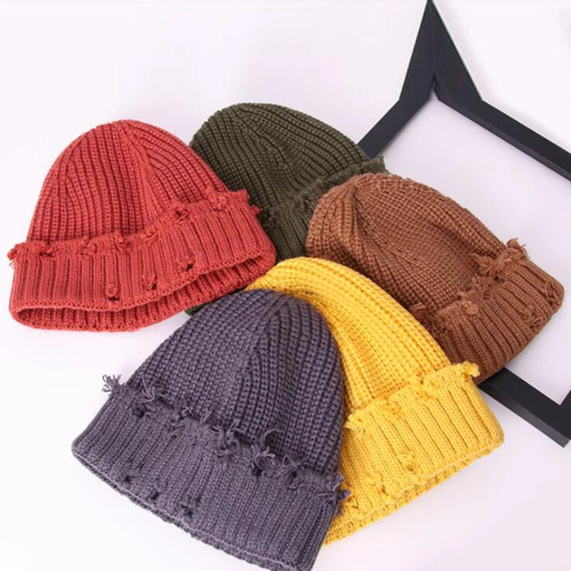 Gorro de punto Harajuku para mujer, gorro cálido de moda, Hip hop, con agujeros, Unisex, PJ109