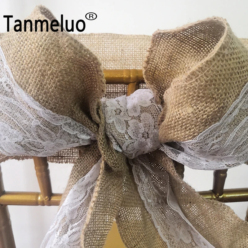 5PCS/lot Rustic Lace Burlap Chair Sashes Wedding Decoration Jute Tie Bow DIY Crafts Banquet Table Runner Event Party Supplies