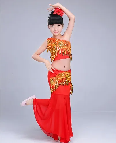 Kinderen Dai dans kostuums Pauw dansvoorstelling kostuums Girls 'fishtail rok buikdans rok prestaties kleding