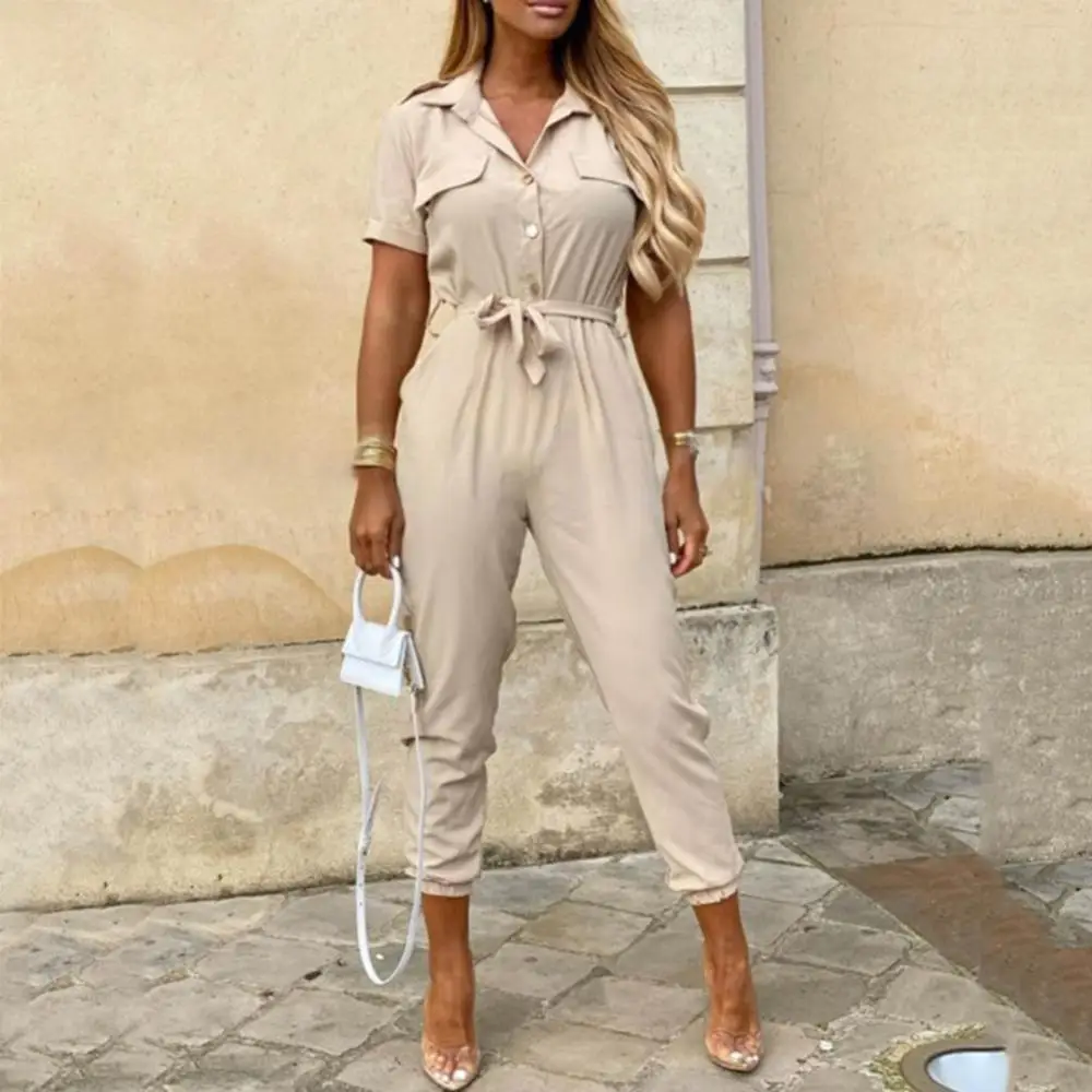 Stripes Print One Piece Fashion Women Jumpsuit Button Belt V Neck Summer Casual  Work Overalls Ladies Short Sleeve Long Jumpsuit