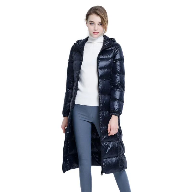 Jaqueta Puffer Longa e Quente para Mulheres, Nova Coleção Outono Inverno, Slim, Leve, Casaco de Pluma de Pato Branco, Parkas com Capuz