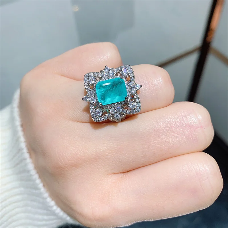 QTT New Arrival Vintage Ring Resizable Silver Color Wedding Ring 2022 Trend Lab Emerald Paraiba Tourmaline Stone Jewelry