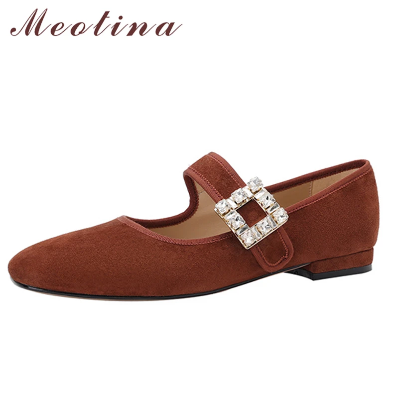 

Meotina Women Mary Janes Shoes Genuine Leather Crystal Flat Shoes Square Toe Ladies Footwear Spring Autumn Black Red Big Size 40