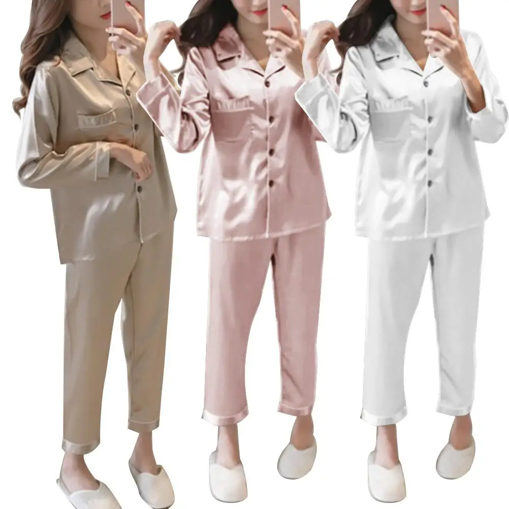 2Pcs Autumn Pajamas Set Women Solid Color Imitation Silk Homewear Long Sleeve Shirt Pants Nightwear Sleepwear Women Pajamas Set