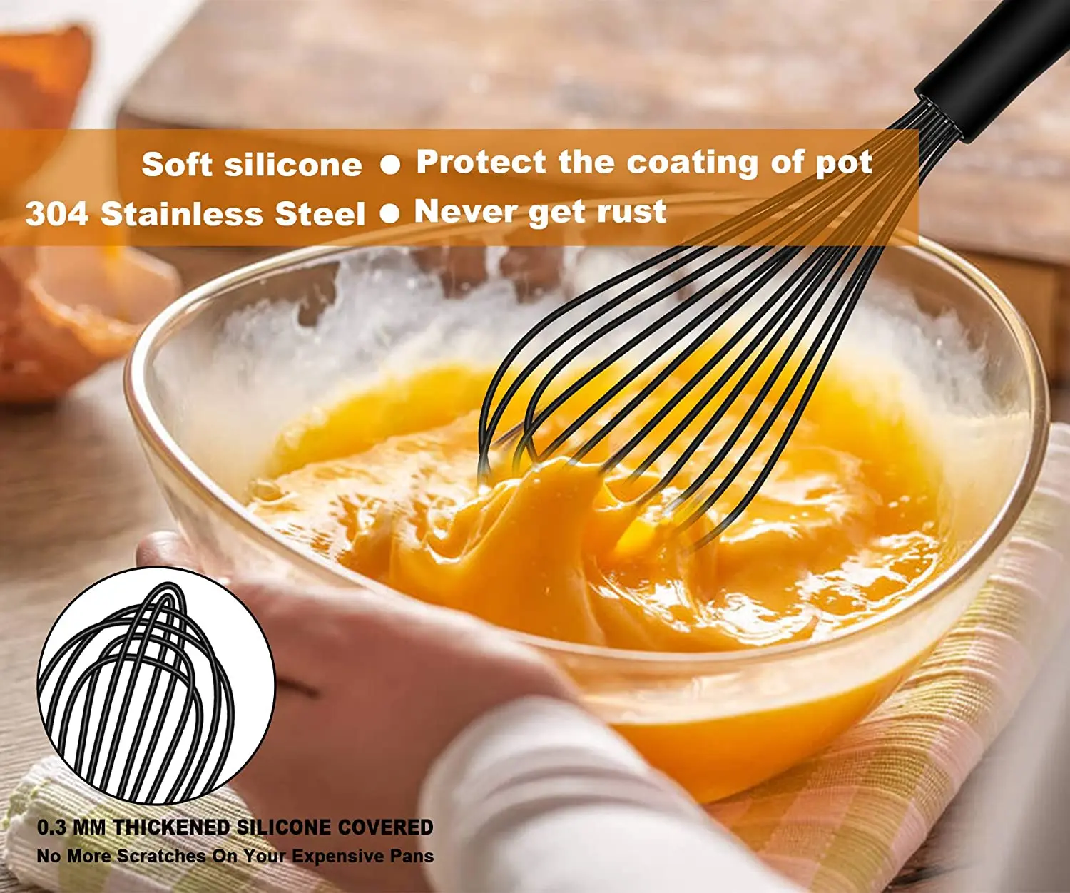 Walfos Silicone Whisk Stainless Steel Wire Whisk - Heat Resistant Kitchen Whisks For Non-Stick Egg Foamer Stirrer Kitchen Tool