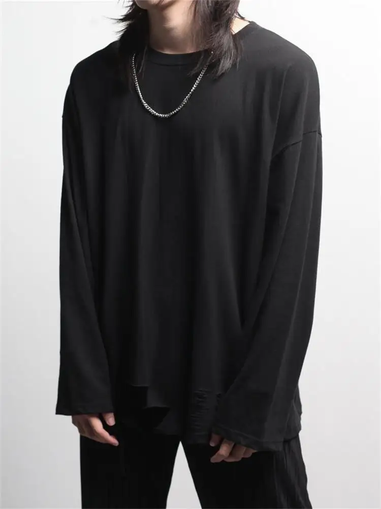 Men's Long Sleeve T-Shirt Spring And Autumn New Personality Hole European And American Leisure Port Wind Large Size T-Shirt