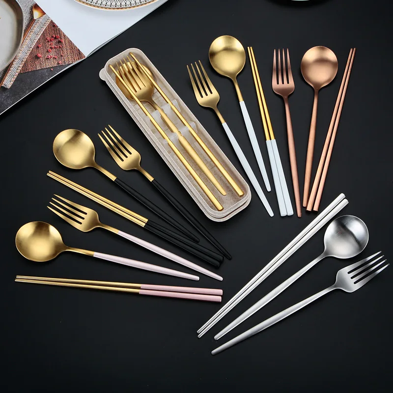 Portable Tableware Picnic Stainless Steel Cutlery Set Dinnerware Coffee Spoon Chopsticks with Box Kitchen Utensils for Children