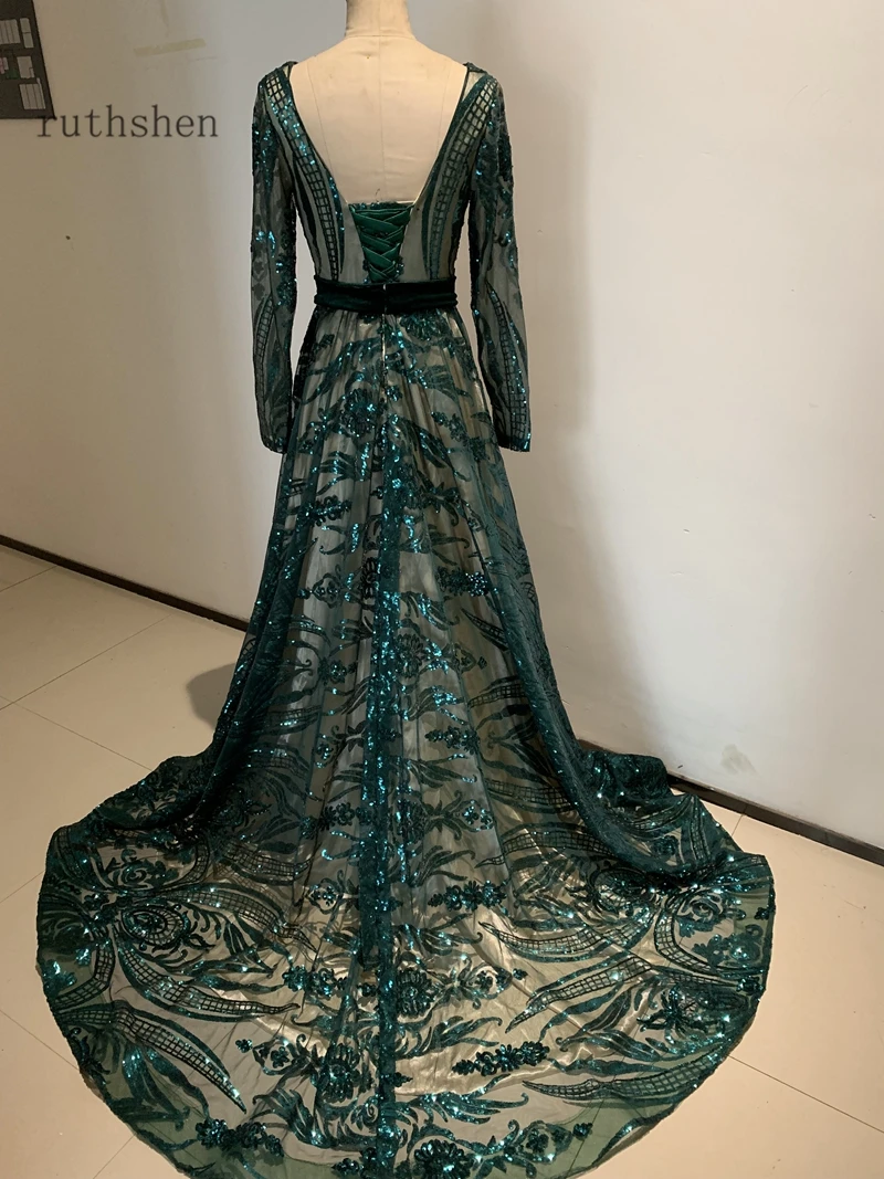 Dark Green Long Sleeves Prom Dresses Sequins dress prom Backless prom dresses 2023 evening gowns robe de soiree formal dress