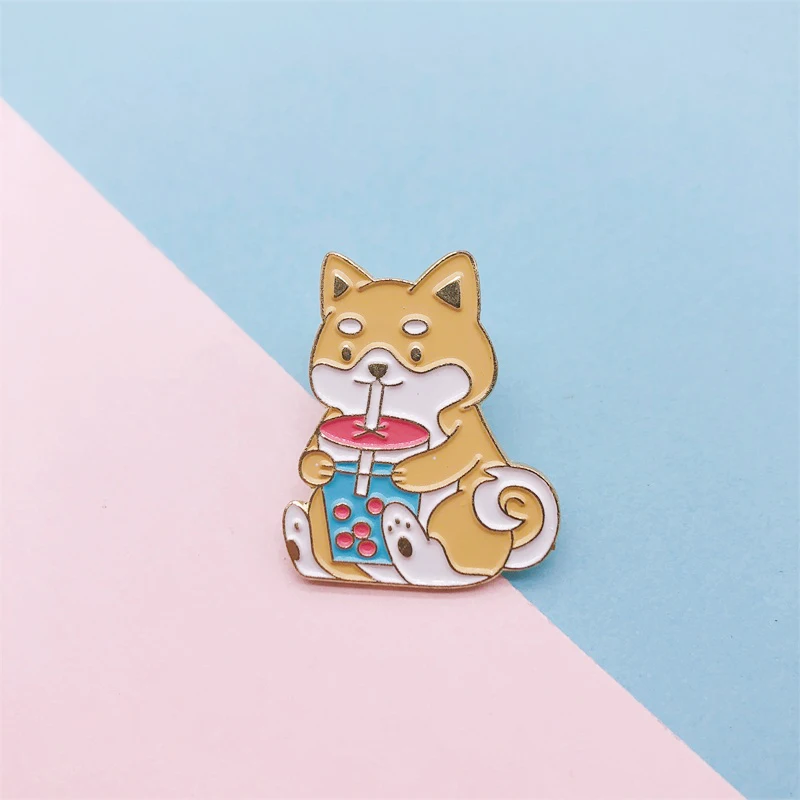 Cartoon Cute Animals Enamel Brooch Dog Shiba Inu Drink Water Pin Custom Alloy Badge Clothes Bags Punk Accessories Jewelry Gifts