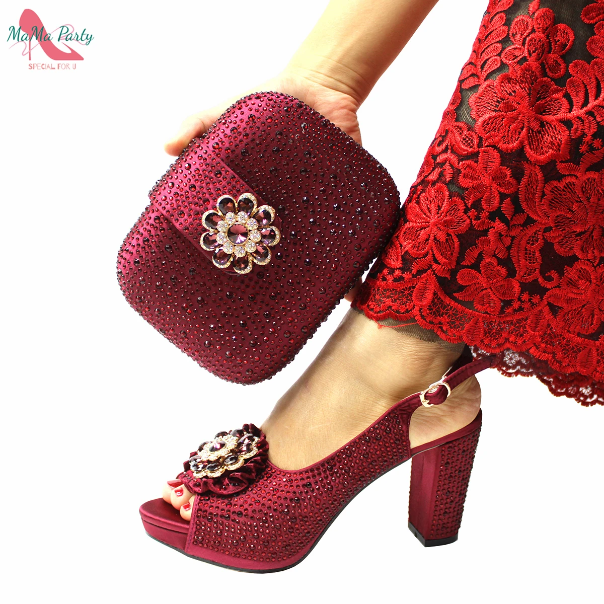

Wine Color New Coming Italian Women Shoes and Bag Set with Platform Nigerian Lady Pumps for Garden Party