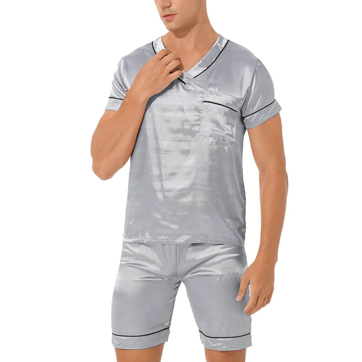 Conjunto de pijamas masculinos cetim seda lounge shorts camisa de manga curta 2 peças roupa de dormir confortável loungewear