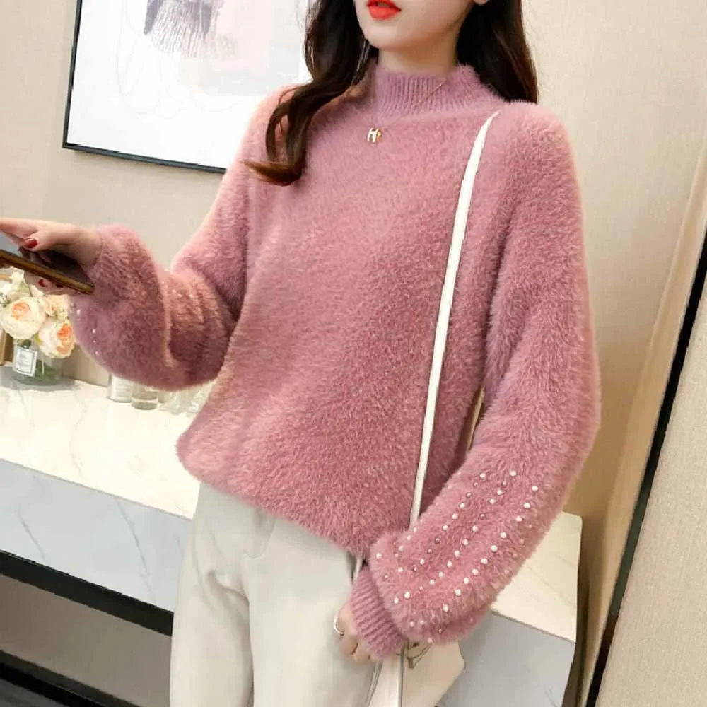 

2022 New Women's Pullover Female Autumn Winter Plus Cashmere Sweater Imitation Mink Velvet Long-sleeved Top Pullovers Fashion