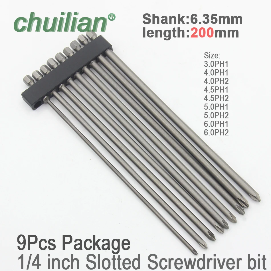 Long Hex Shank Magnético Phillips Cross Screwdriver Bit, Cabeça de fenda elétrica, 200mm, 1Pc