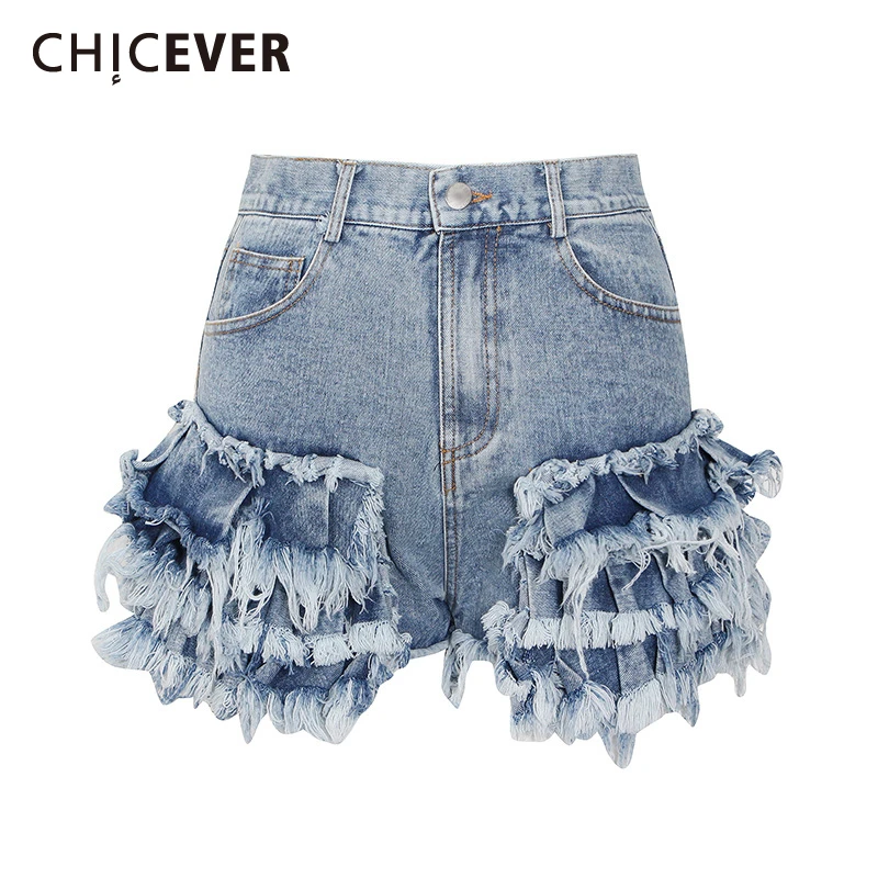 CHICEVER Casual Blue Shorts For Women High Waist Patchwork Ruffles Pockets Asmmetrical Slim Short Pant Female 2021 Summer New