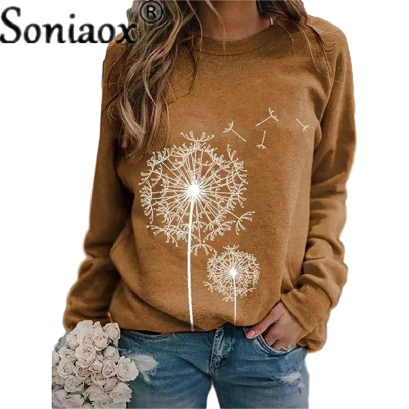 2021 Autumn Winter Women New Dandelion Print Round Neck Long Sleeve Sweatshirt Ladies Fashion Loose Casual Pullover