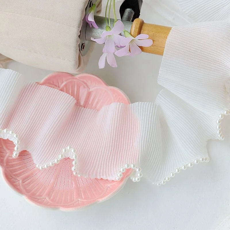 6CM Wide White Chiffon Fabric Frilled 3d Lace Beaded Fringe Elastic Ruffle Trim Wedding Dress Collar Cuffs Sewing Applique Decor