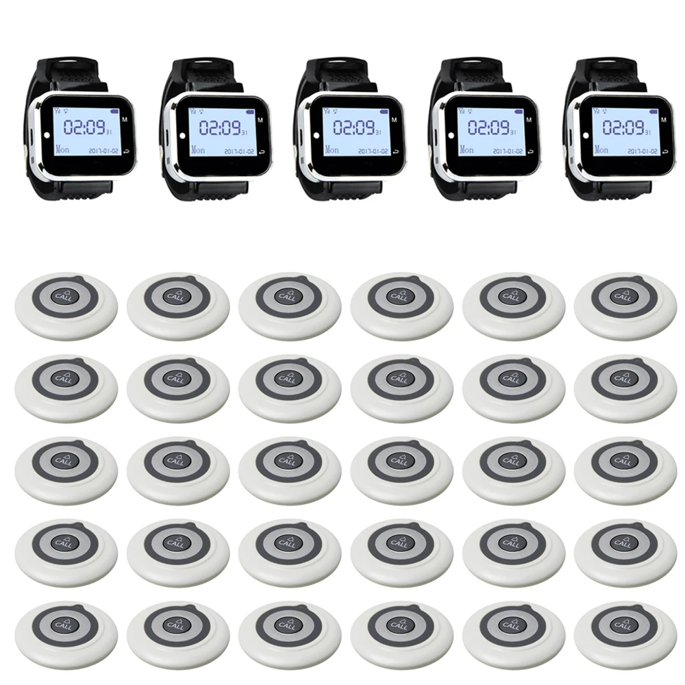 JINGLE BELLS 30 Call Button Transmitter 5 Waiter Watch Pager Receiver Wireless Restaurant Hotel Bar Service Guest Calling System