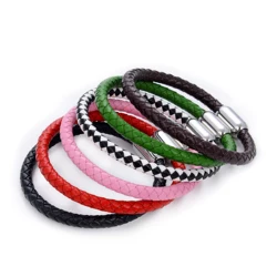 OL Style Multicolor Color Genuine Leather Bracelets For Women Charm Stainless Steel Button Red Pink Bracelets Jewelry Wholesale